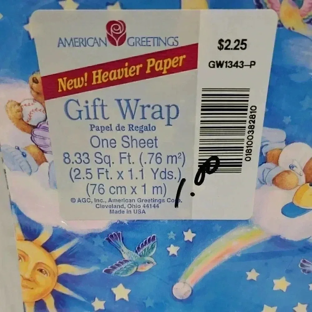 Vintage American Greetings Baby Boy Bear Gift Wrap 8.33 sq. ft. New in Package